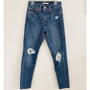 Levi’s Wedgie Fit Premium Skinny Jeans Distressed Denim Blue Dark Wash Raw Hem